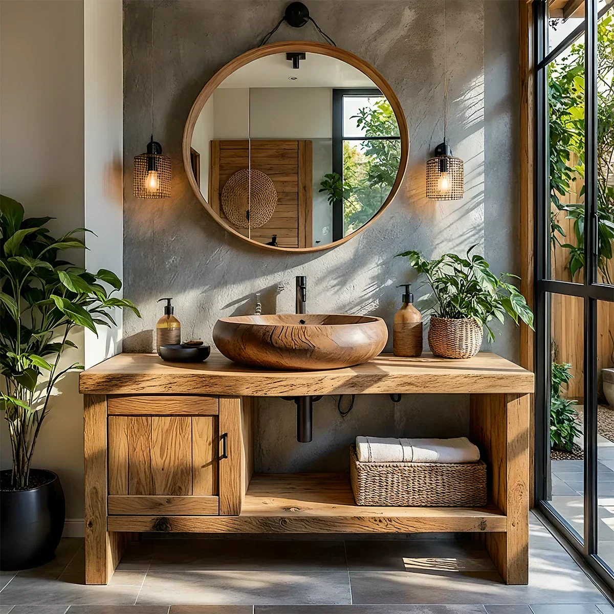 Natural Solid Wood Vanity with Door Cabinet & Open Shelf - Elitegemse