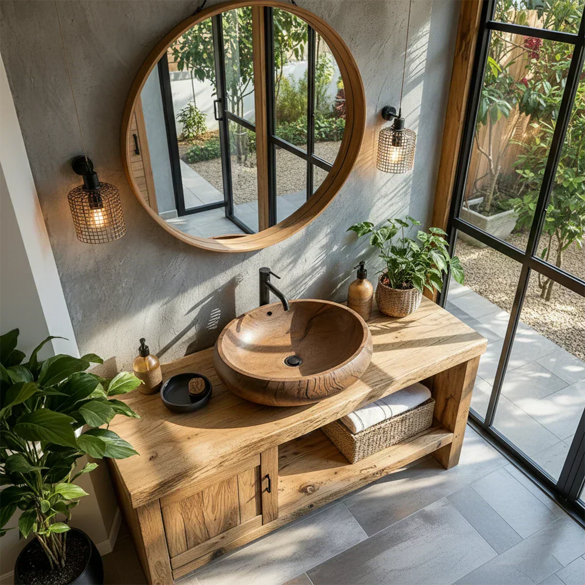 Natural Solid Wood Vanity with Door Cabinet & Open Shelf - Elitegemse