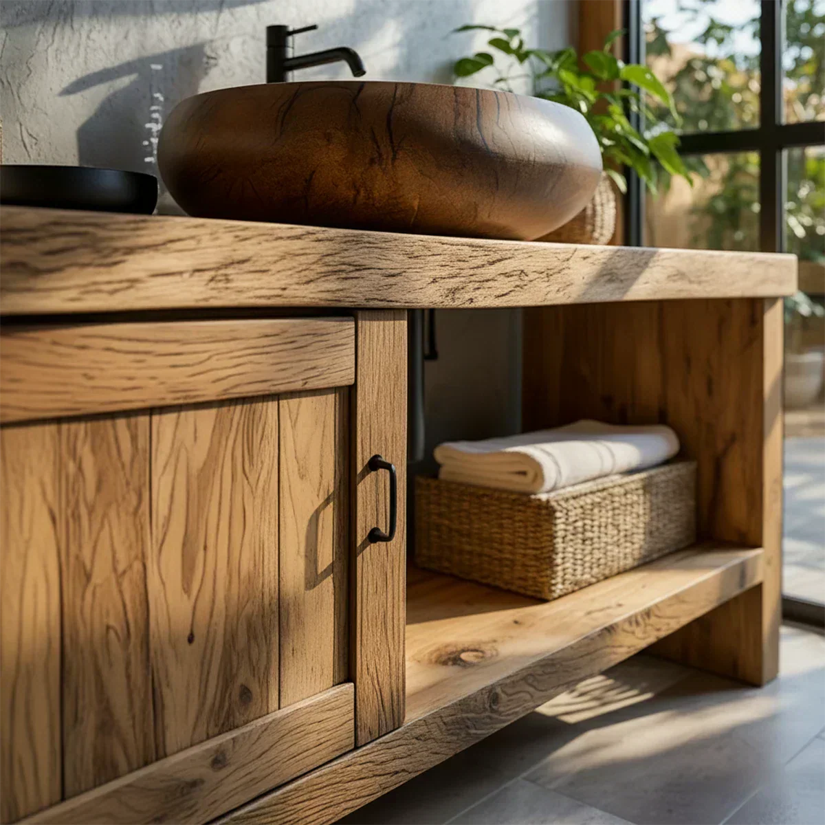 Natural Solid Wood Vanity with Door Cabinet & Open Shelf - Elitegemse