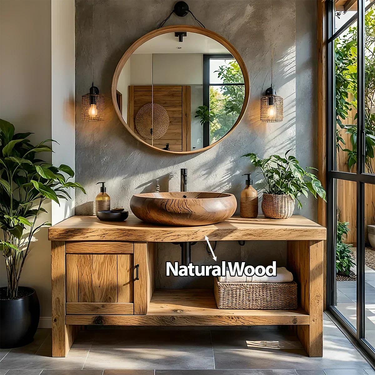 Natural Solid Wood Vanity with Door Cabinet & Open Shelf - Elitegemse
