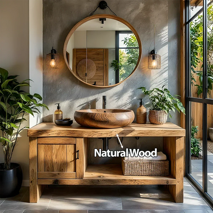 Natural Solid Wood Vanity with Door Cabinet & Open Shelf - Elitegemse