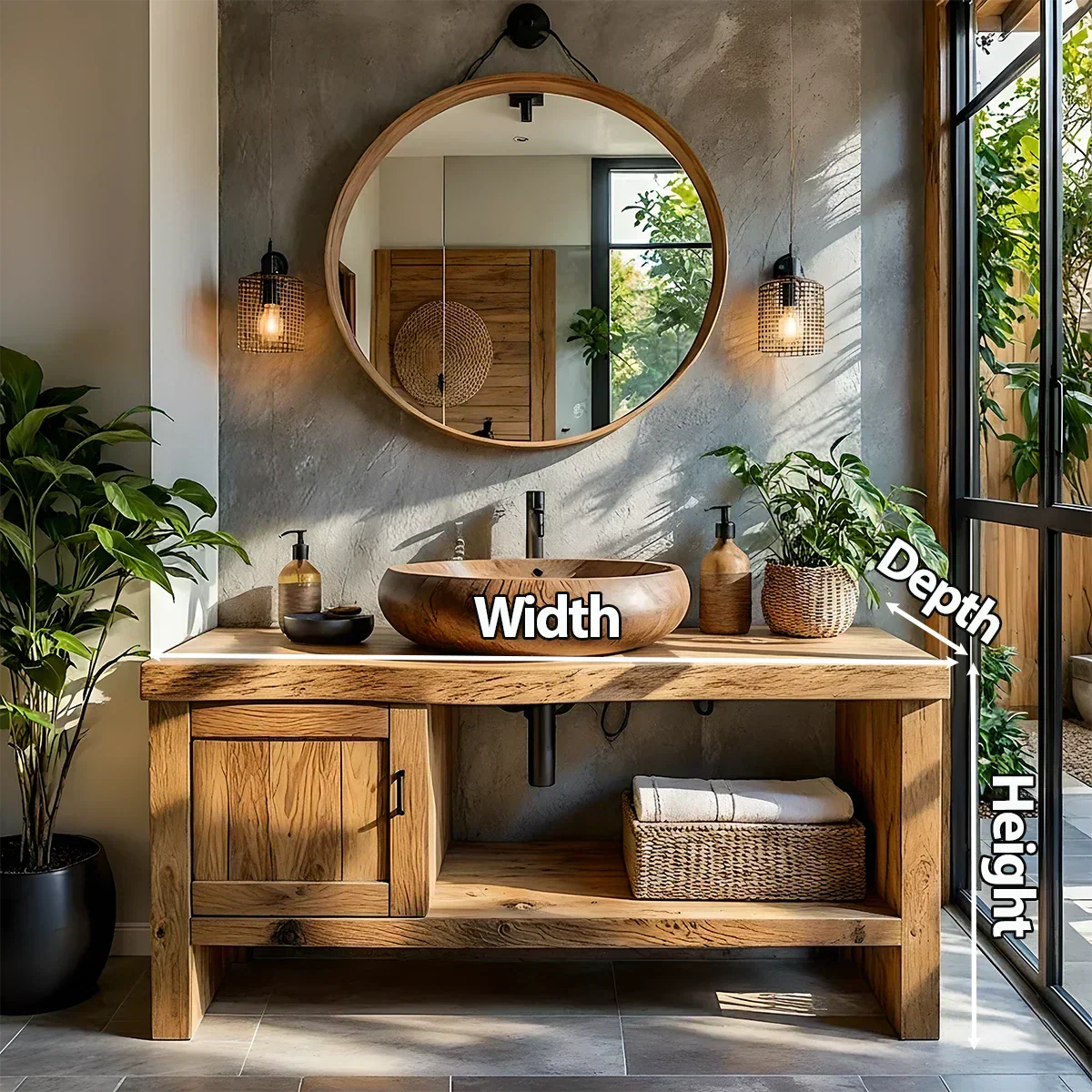 Natural Solid Wood Vanity with Door Cabinet & Open Shelf - Elitegemse