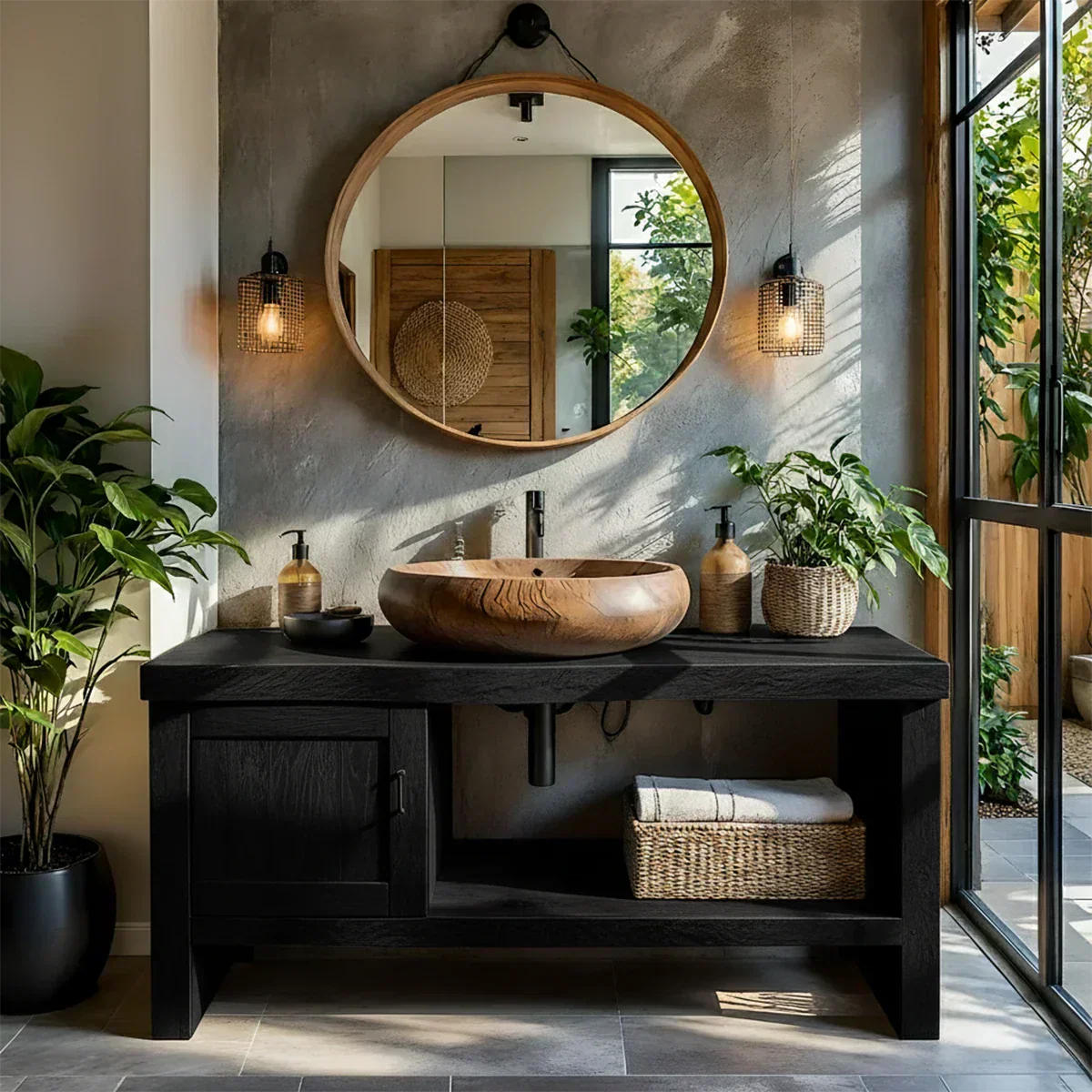 Natural Solid Wood Vanity with Door Cabinet & Open Shelf - Elitegemse