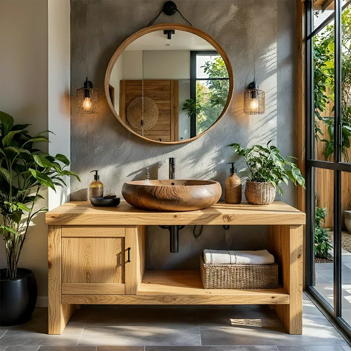 Natural Solid Wood Vanity with Door Cabinet & Open Shelf - Elitegemse