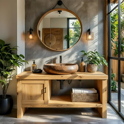 Natural Solid Wood Vanity with Door Cabinet & Open Shelf - Elitegemse