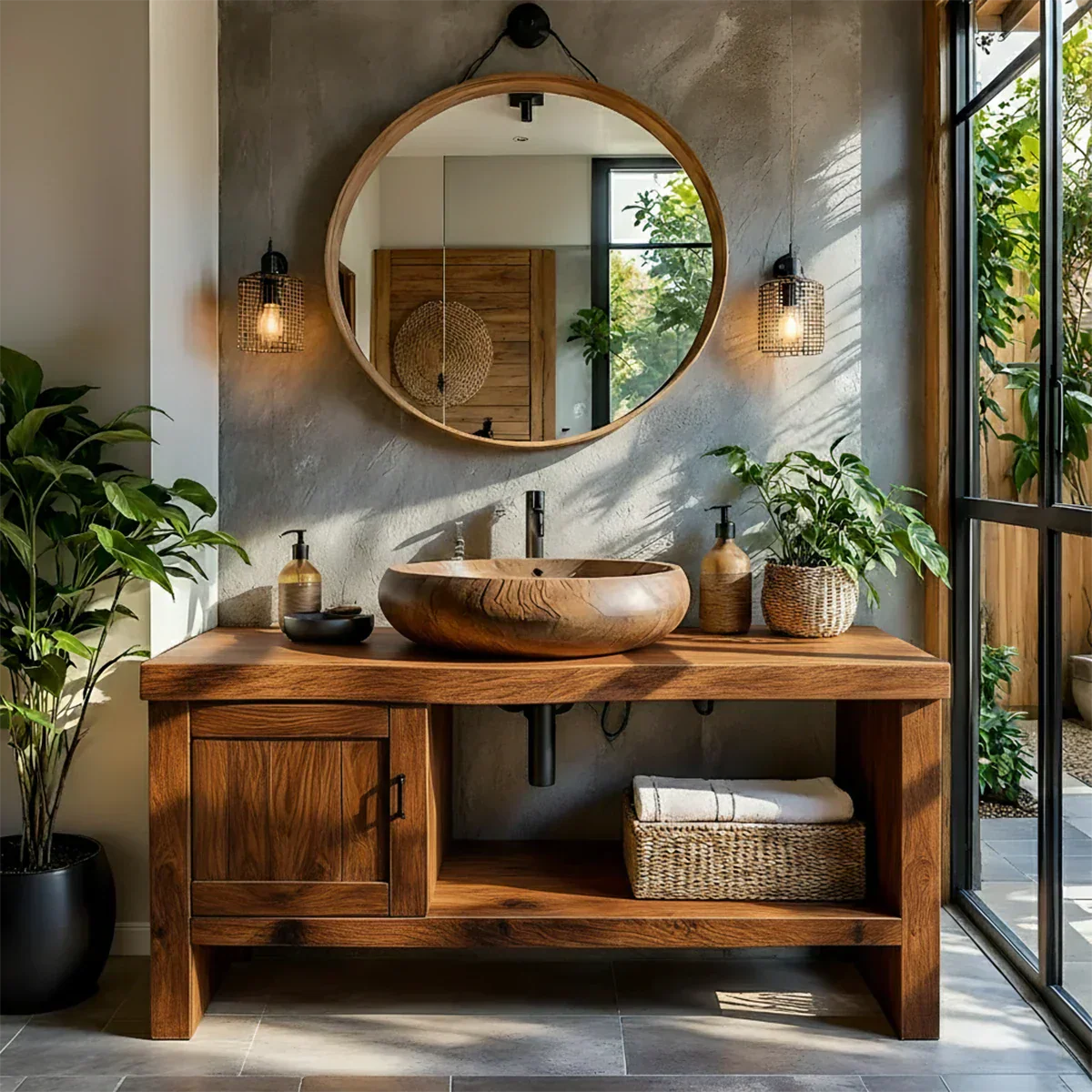 Natural Solid Wood Vanity with Door Cabinet & Open Shelf - Elitegemse