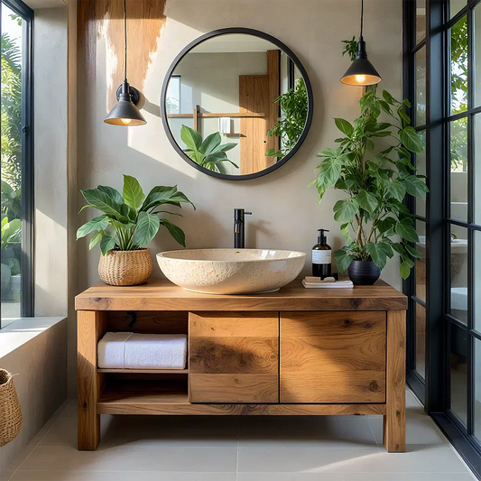 Natural Solid Wood Vanity with Open Shelf & Smooth Grain Doors - Elitegemse