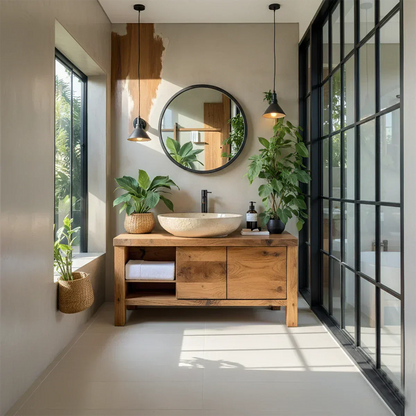 Natural Solid Wood Vanity with Open Shelf & Smooth Grain Doors - Elitegemse