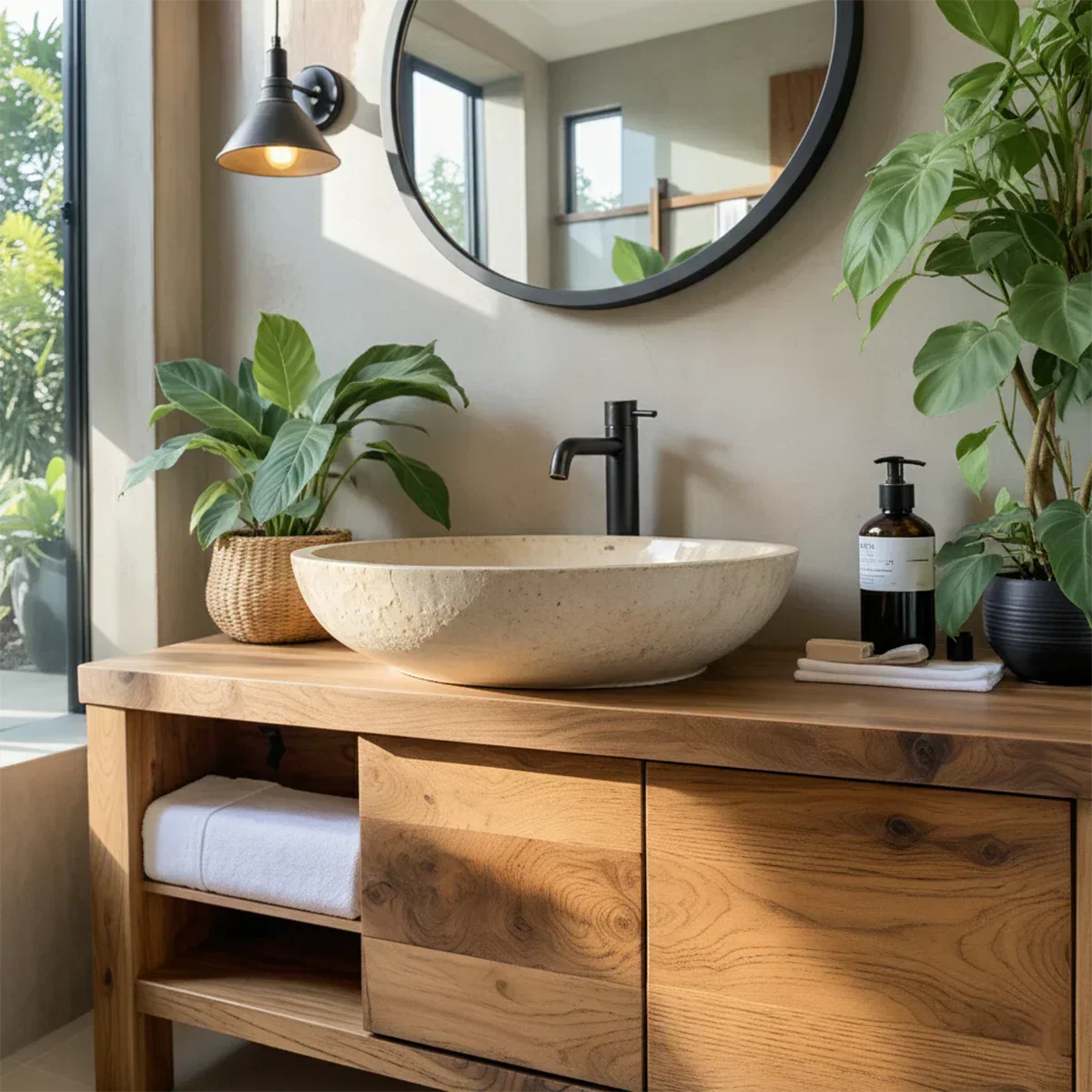Natural Solid Wood Vanity with Open Shelf & Smooth Grain Doors - Elitegemse