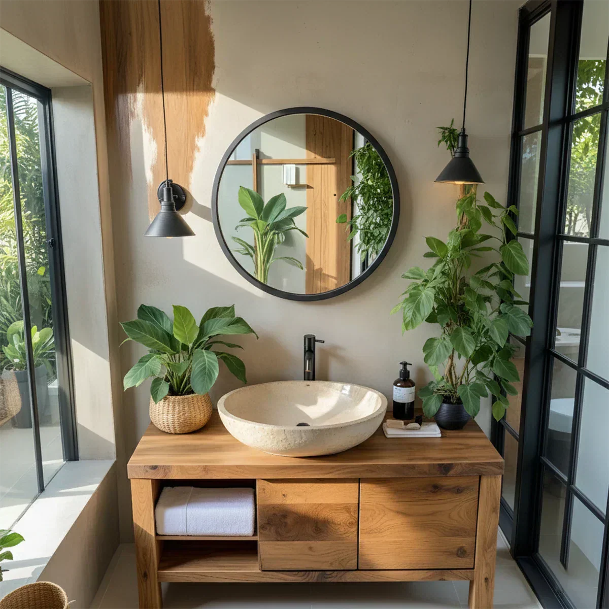Natural Solid Wood Vanity with Open Shelf & Smooth Grain Doors - Elitegemse