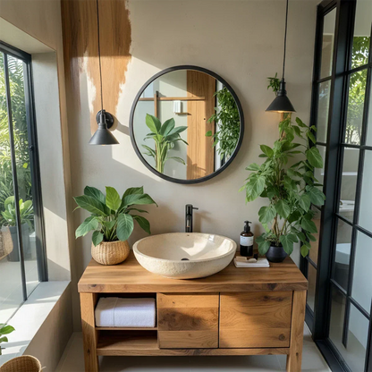 Natural Solid Wood Vanity with Open Shelf & Smooth Grain Doors - Elitegemse