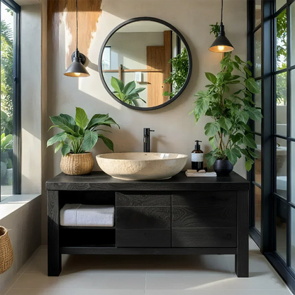 Natural Solid Wood Vanity with Open Shelf & Smooth Grain Doors - Elitegemse