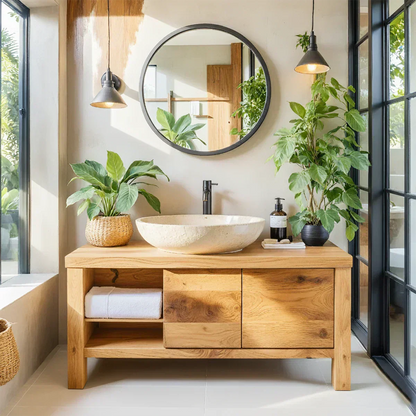 Natural Solid Wood Vanity with Open Shelf & Smooth Grain Doors - Elitegemse