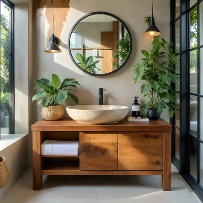Natural Solid Wood Vanity with Open Shelf & Smooth Grain Doors - Elitegemse