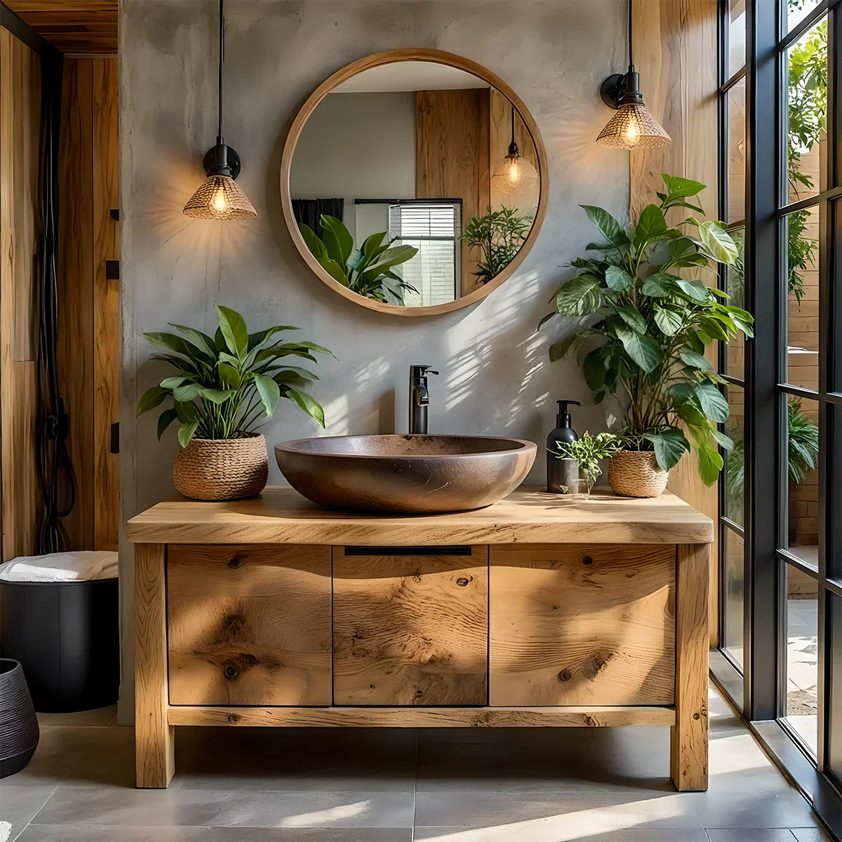 Natural Solid Wood Vanity with Smooth-Corner Frame & Center Cabinet - Elitegemse