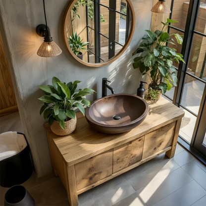 Natural Solid Wood Vanity with Smooth-Corner Frame & Center Cabinet - Elitegemse