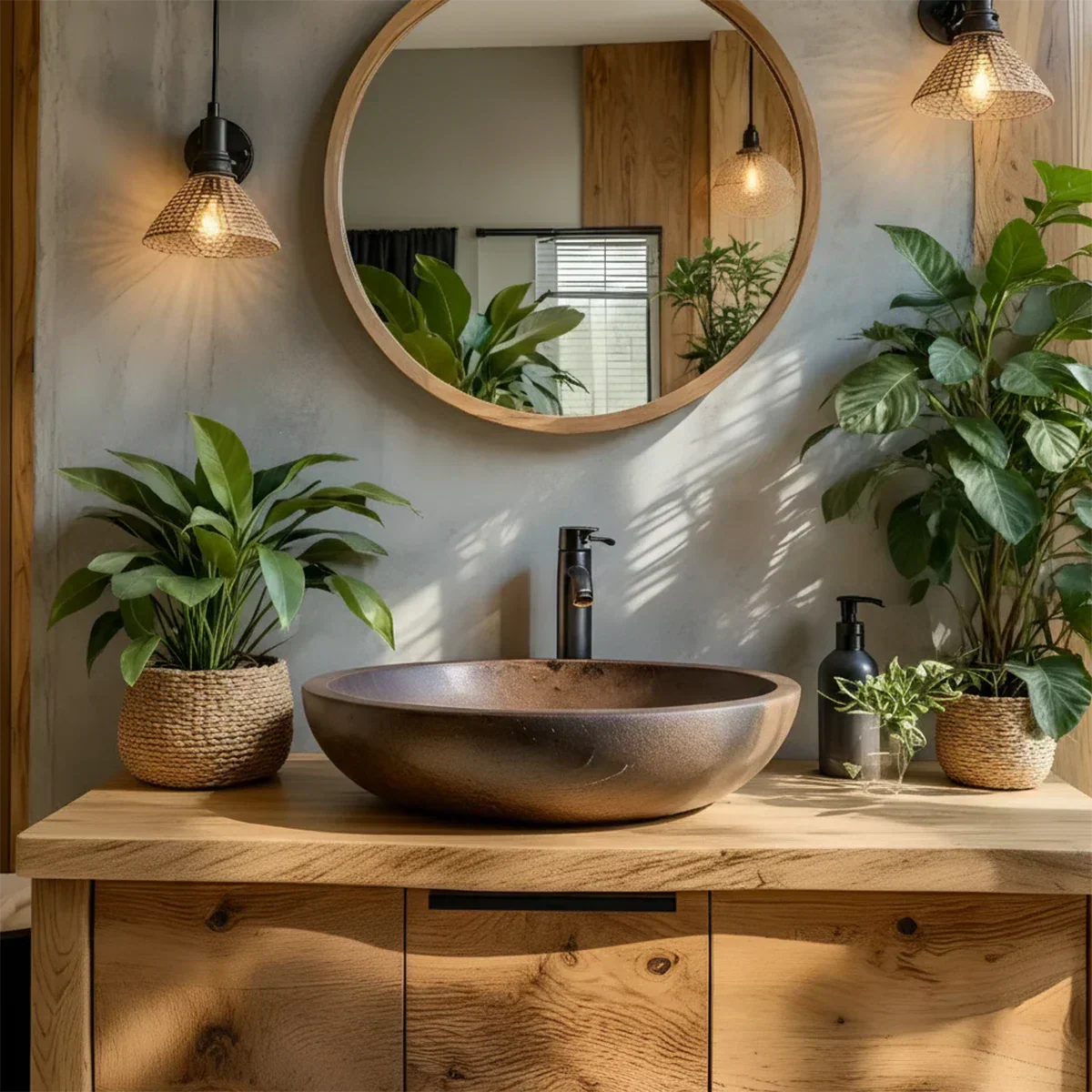 Natural Solid Wood Vanity with Smooth-Corner Frame & Center Cabinet - Elitegemse