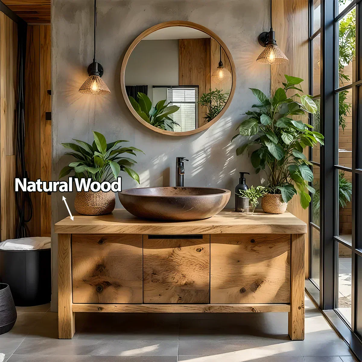 Natural Solid Wood Vanity with Smooth-Corner Frame & Center Cabinet - Elitegemse