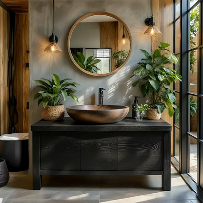 Natural Solid Wood Vanity with Smooth-Corner Frame & Center Cabinet - Elitegemse