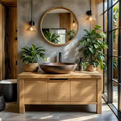 Natural Solid Wood Vanity with Smooth-Corner Frame & Center Cabinet - Elitegemse