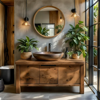 Natural Solid Wood Vanity with Smooth-Corner Frame & Center Cabinet - Elitegemse
