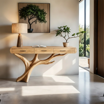 Natural Wood Entryway Console Table with Drawers and Sculptural Tree Base - Woodenecho
