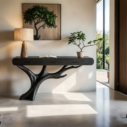 Natural Wood Entryway Console Table with Drawers and Sculptural Tree Base - Woodenecho