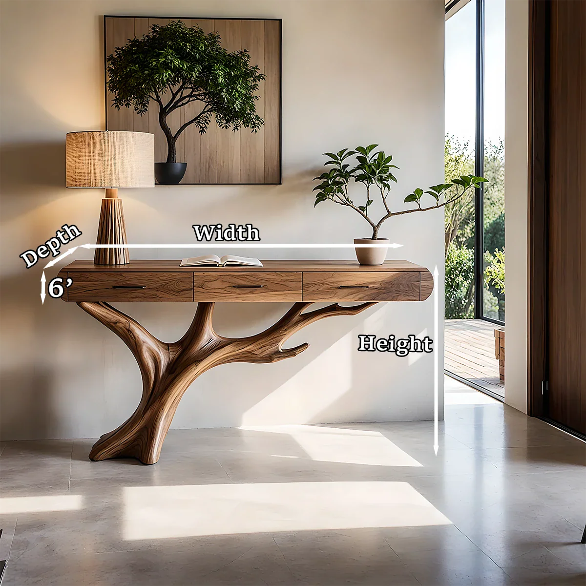 Natural Wood Entryway Console Table with Drawers and Sculptural Tree Base - Woodenecho