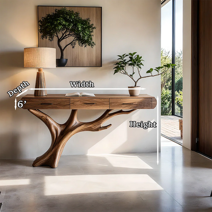 Natural Wood Entryway Console Table with Drawers and Sculptural Tree Base - Woodenecho