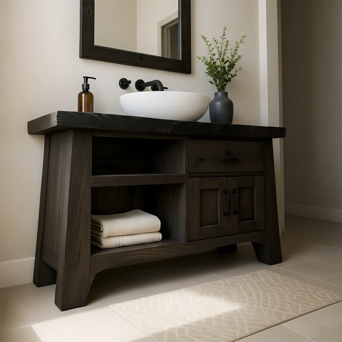 NoirOak Vanity – Rustic Solid Wood Bathroom Cabinet - Elitegemse