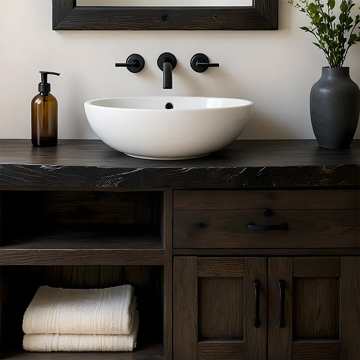 NoirOak Vanity – Rustic Solid Wood Bathroom Cabinet - Elitegemse