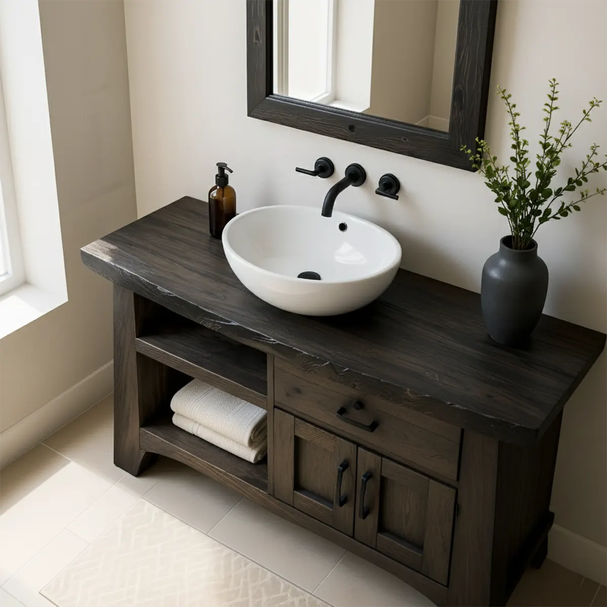 NoirOak Vanity – Rustic Solid Wood Bathroom Cabinet - Elitegemse