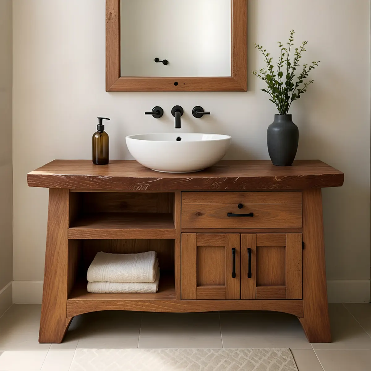 NoirOak Vanity – Rustic Solid Wood Bathroom Cabinet - Elitegemse