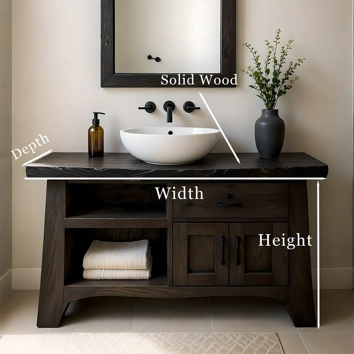 NoirOak Vanity – Rustic Solid Wood Bathroom Cabinet - Elitegemse