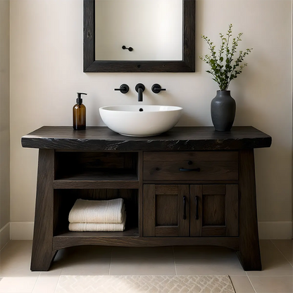 NoirOak Vanity – Rustic Solid Wood Bathroom Cabinet - Elitegemse