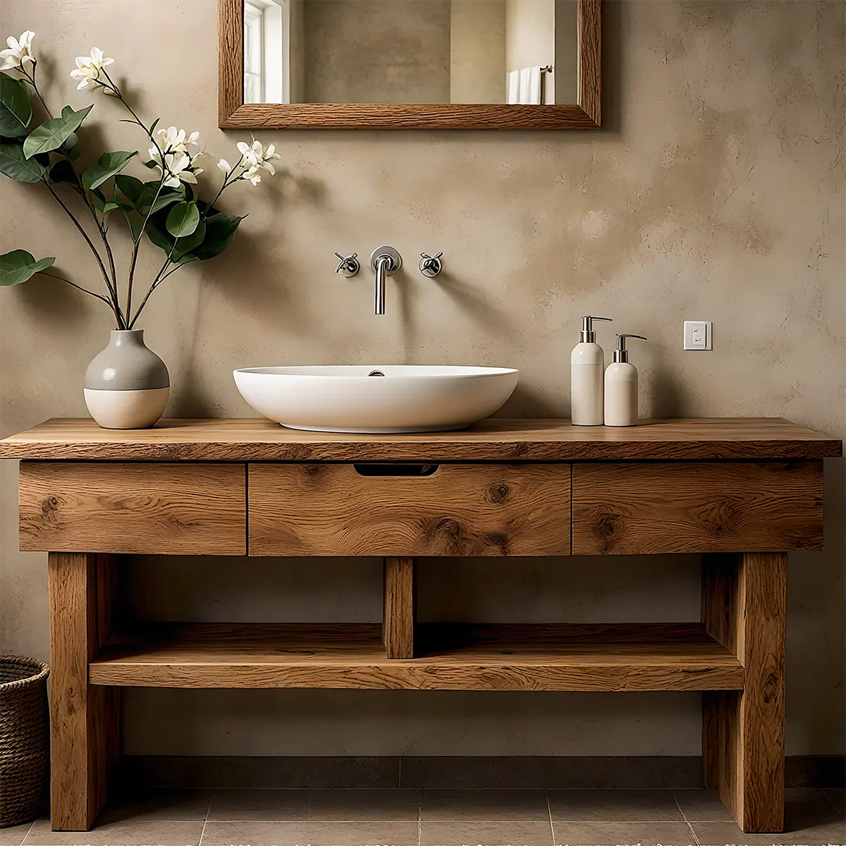 Oak Haven Bathroom Vanity – Solid Wood with Drawers - Elitegemse