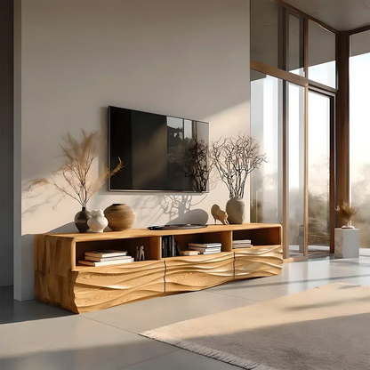 Oak Sculpted TV Stand with Open Shelves – Japandi Media Console - Elitegemse