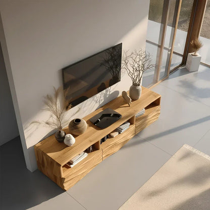 Oak Sculpted TV Stand with Open Shelves – Japandi Media Console - Elitegemse