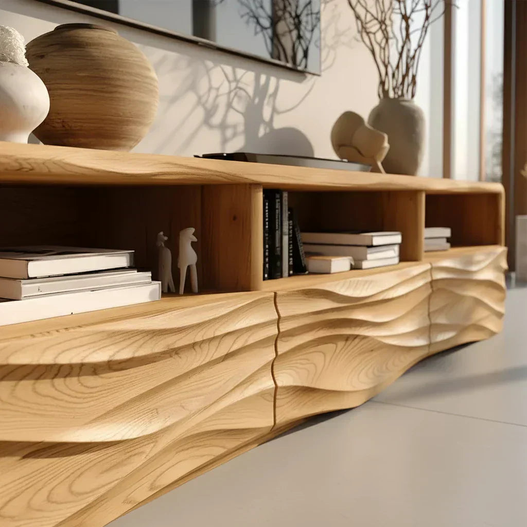 Oak Sculpted TV Stand with Open Shelves – Japandi Media Console - Elitegemse