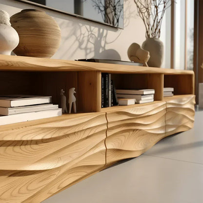 Oak Sculpted TV Stand with Open Shelves – Japandi Media Console - Elitegemse