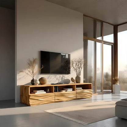 Oak Sculpted TV Stand with Open Shelves – Japandi Media Console - Elitegemse