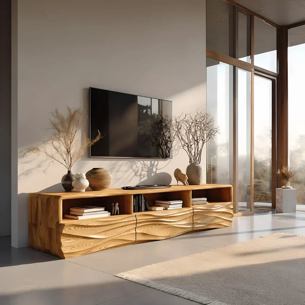 Oak Sculpted TV Stand with Open Shelves – Japandi Media Console - Elitegemse