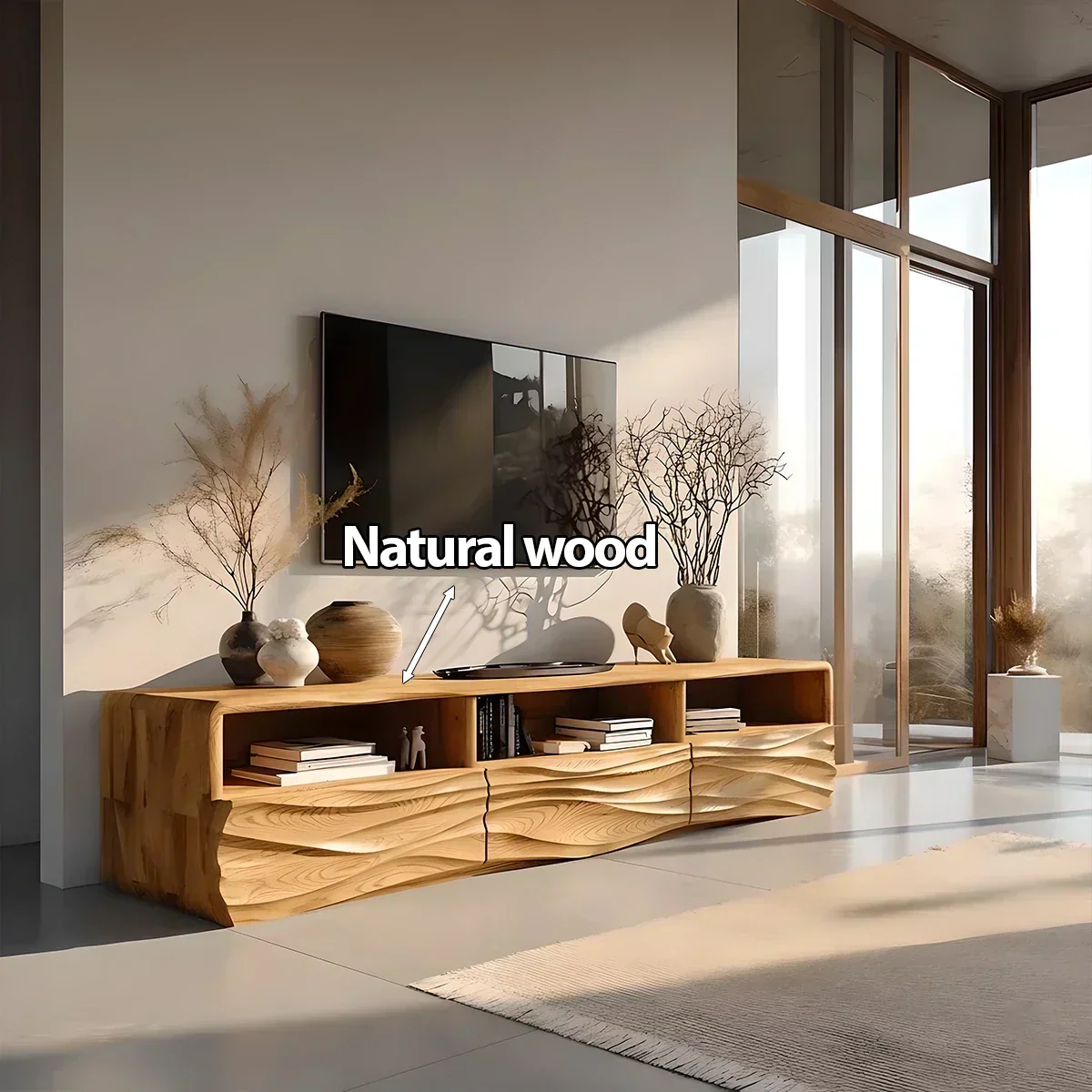 Oak Sculpted TV Stand with Open Shelves – Japandi Media Console - Elitegemse