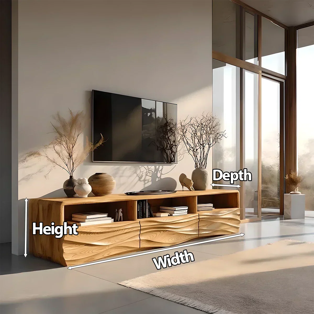 Oak Sculpted TV Stand with Open Shelves – Japandi Media Console - Elitegemse