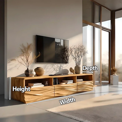 Oak Sculpted TV Stand with Open Shelves – Japandi Media Console - Elitegemse