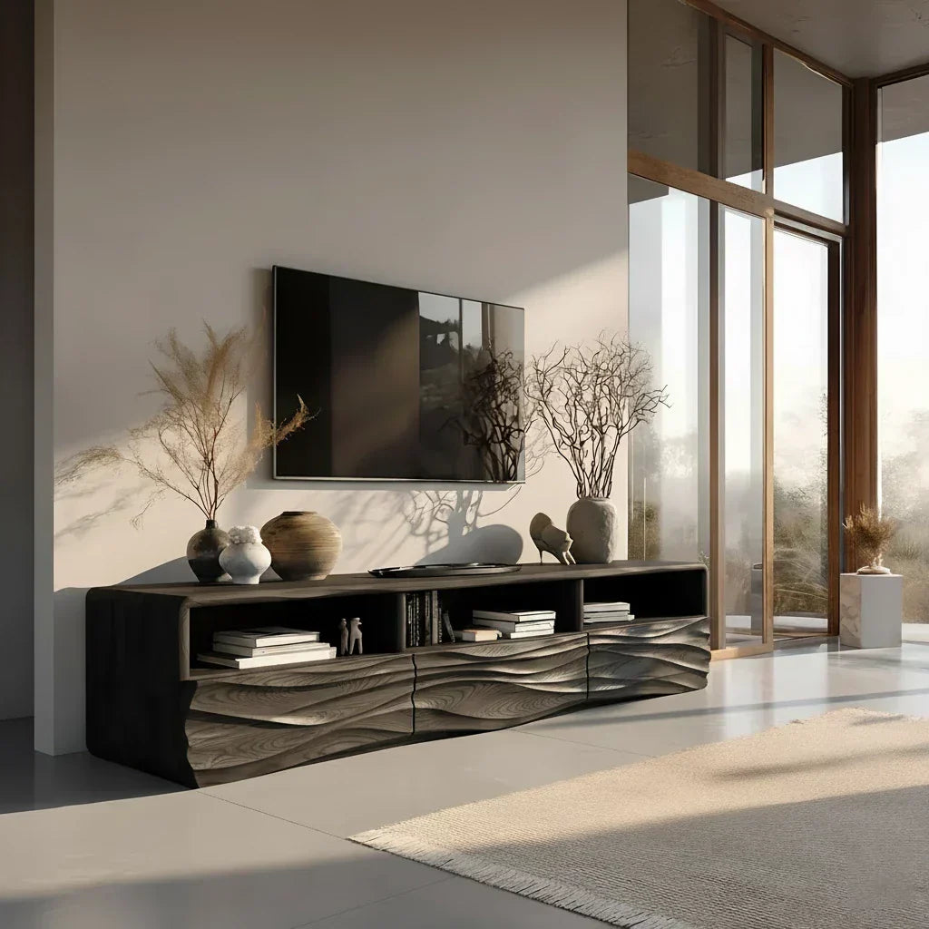 Oak Sculpted TV Stand with Open Shelves – Japandi Media Console - Elitegemse
