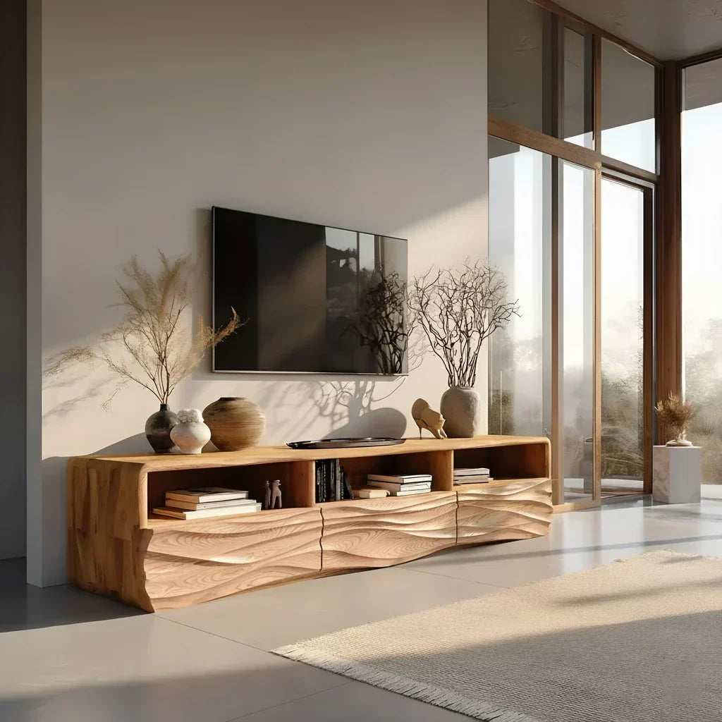 Oak Sculpted TV Stand with Open Shelves – Japandi Media Console - Elitegemse