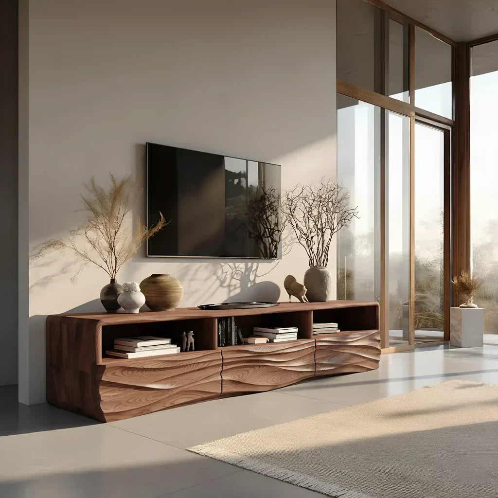 Oak Sculpted TV Stand with Open Shelves – Japandi Media Console - Elitegemse