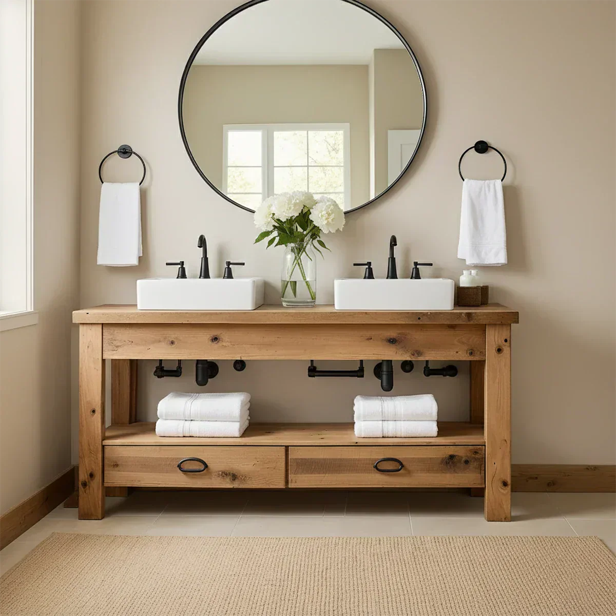 Open Frame Double Sink Solid Wood Vanity – Japandi Rustic Design - Elitegemse