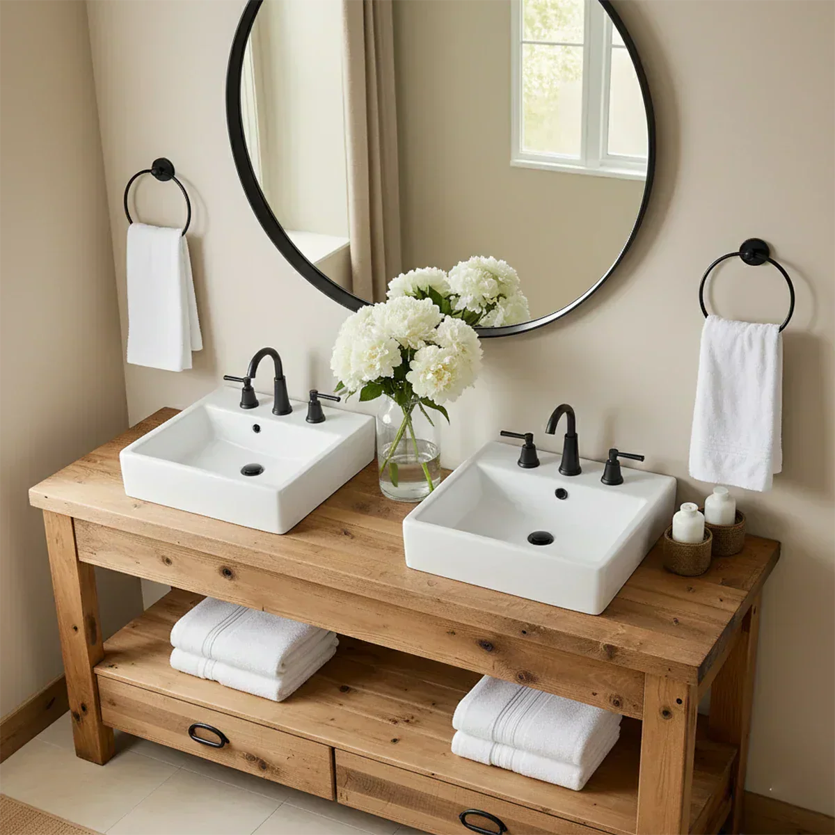 Open Frame Double Sink Solid Wood Vanity – Japandi Rustic Design - Elitegemse